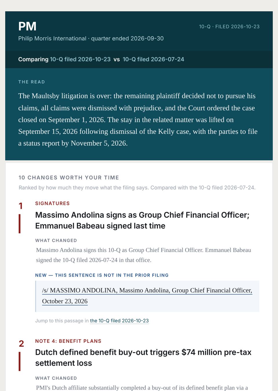 The top of a Filing Watch email for Philip Morris