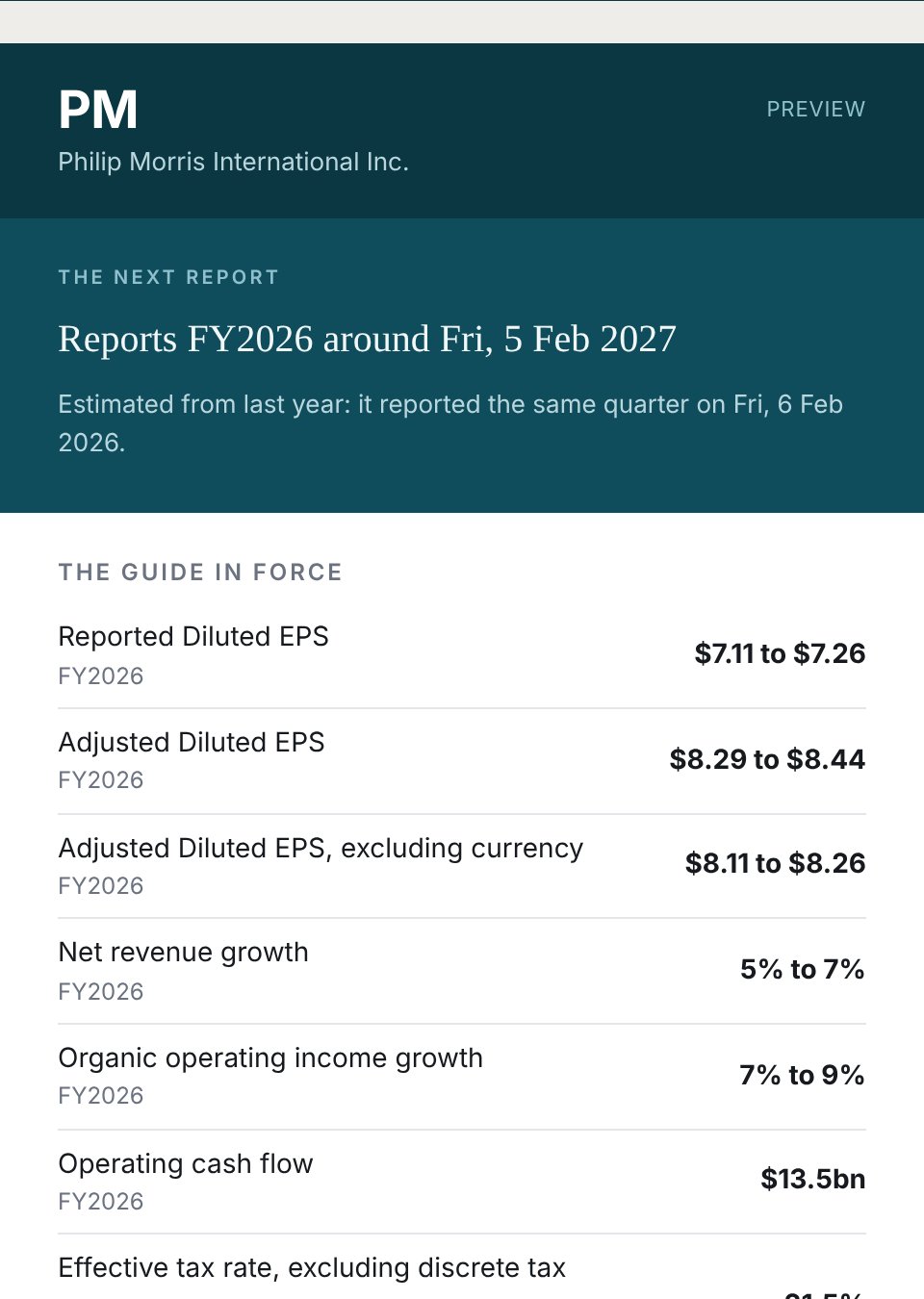 The top of a Guidance Scorecard email for Philip Morris